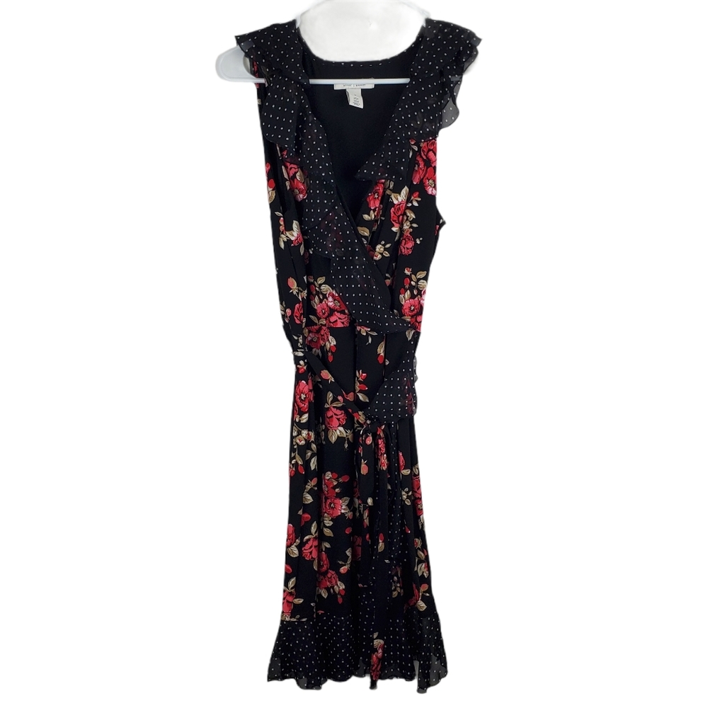 WHBM Polka Dot Floral Dress Faux Wrap Tie Waist